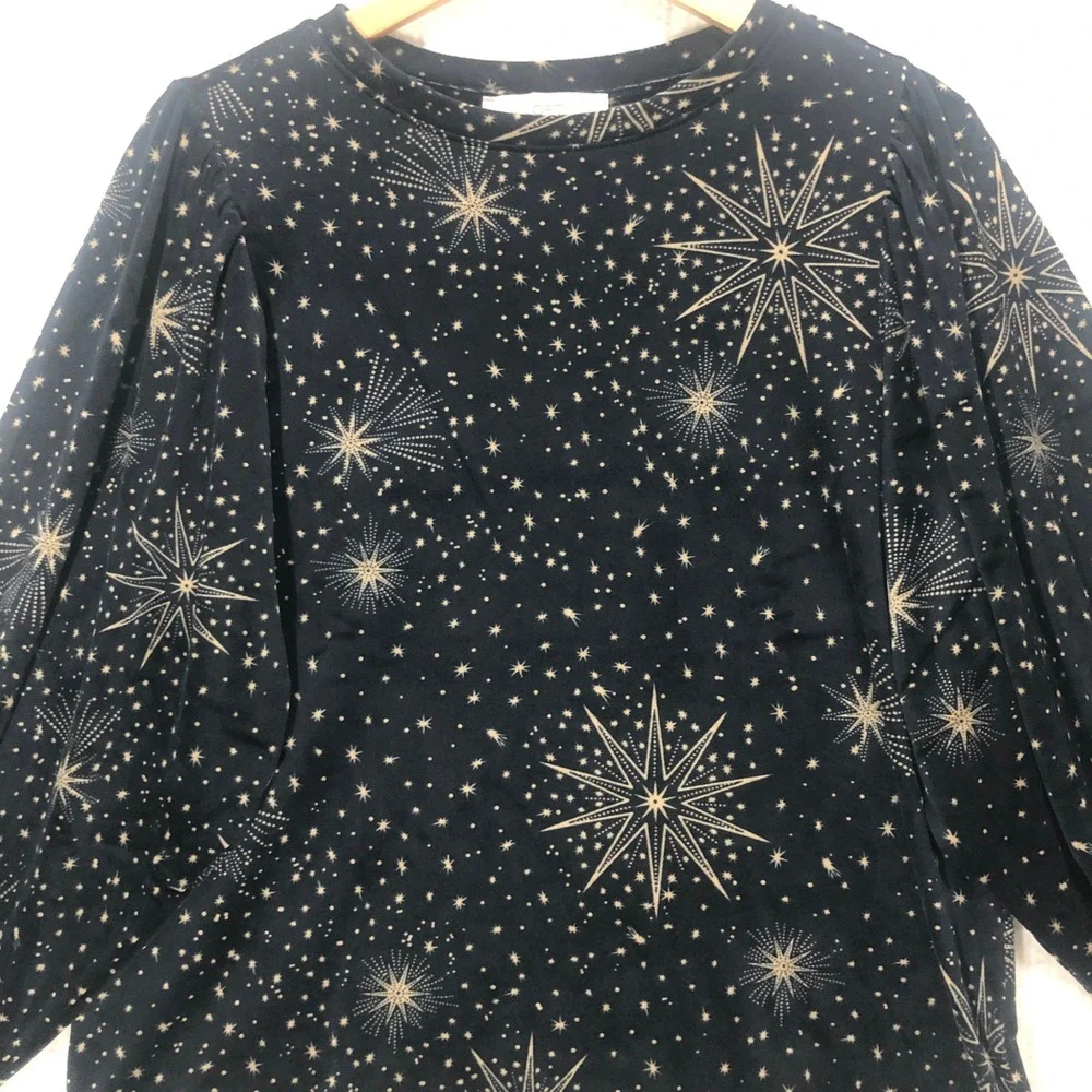 Loft Womens Celestial Starburst Puff Sleeve Velvet Top Navy Gold Large NWT